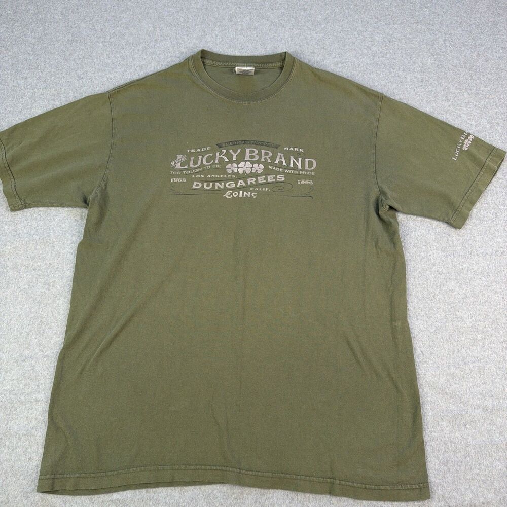 Vintage Lucky Brand Mens T-Shirt Size Medium Green Spellout Graphic USA 90s Y2K